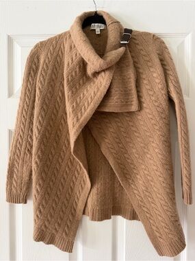 Neiman Marcus Camel Cable-Knit Shawl Cardigan with Buckle